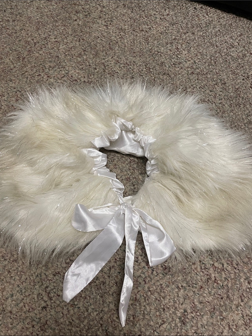 White Faux Fur silver tinsel accent satin back tie RibbonCollar - costume